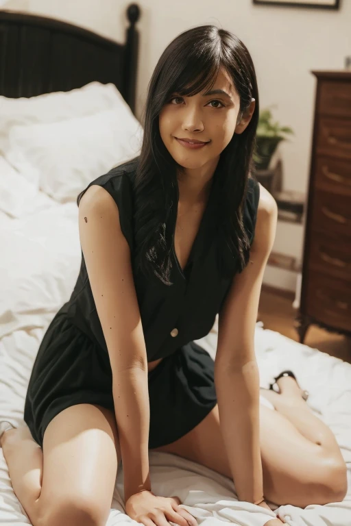 One girl, Beautiful woman,White leotard, Perfect body, Black Hair, Bedroom with white walls,  Sit on the bed,Highly detailed face, Beautiful Eyes, Beautiful Lips, double eyelid, A shy smile, Shorn bangs, Sunburned skin, Pubic Hair Tips, (Highest quality, 8k, masterpiece:1.3), front and full body shot, Cameltoe, Positive, Spread your legs wide