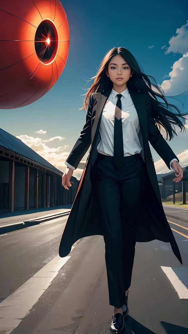 ((Masterpiece, best quality, very detailed), Volumetric light, surrounding occlusion, Rich and colorful, glow), 1 woman, , young girl, (Smooth black), long hair, radius, sacred, goddess, CEO Luke, (black suit, White shirt and red tie:1.3), long black coat, ((a green wind orb on hand)), outdoor, sunset, sky, cloud, (Fantasy Theme:1.2), (full body:0.8)