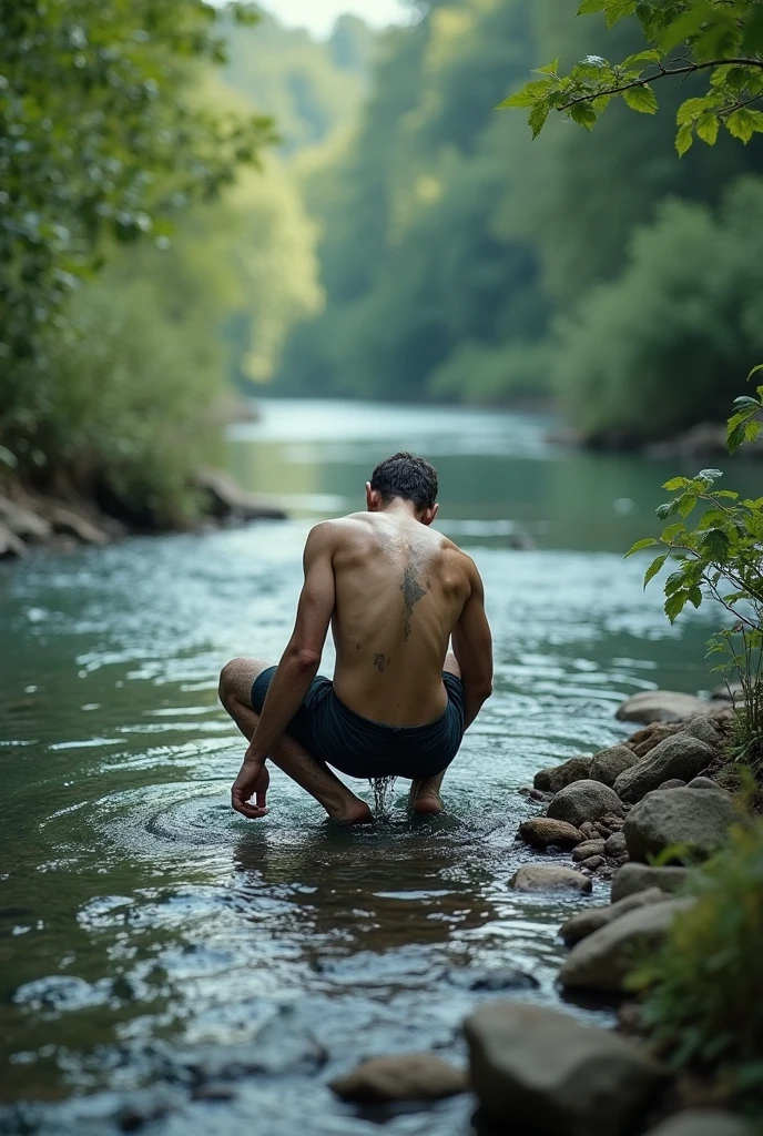 Um homem nu,se banhando em uma cachoeira,sem blusa,de cueca fazendo xixi