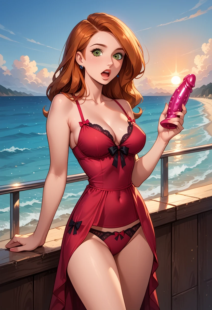 cinematic film still, solo, 1girl, BREAK kim possible, narrow waist, perky breasts, short red doll lingerie, BREAK shocked expression, holding a large colorful dragon dildo, it has a pretty pink bow, it is a gift, BREAK navel, midriff, BREAK beach villa, on balcony overlooking ocean, beautiful, graceful, elegant, BREAK beautiful scene, sunset, BREAK highly detailed, detailed eyes, detailed face, absurdres, 4k, masterpiece, best quality.