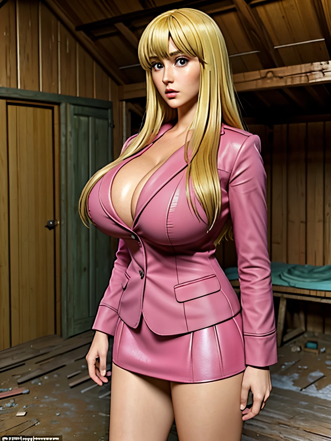 (masterpiece, Highest quality:1.2, 8k, Ultra-high resolution), (One person), Kochikame characters, (blonde:1.15, Straight Long Hair:1.1), (Ultra Slim Waist, perfect slim model body style), ((pink police uniform, pink jacket, pink short skirt, pink heels)), (Super huge breasts, Super huge cleavages, Super huge boob, Super huge tits), Detailed face, Detailed eyes, Beautiful Eyes, Perfect Eyes, Ultra-realistic & Highly detailed skin texture, (indoor, ultra realistic interior of abandoned narrow cabin interior, Ultra detailed interior of a small abandoned shack, In the mountains), View from the front, standing, look at viewer, 