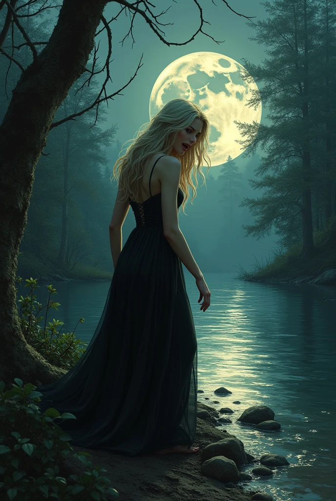 an award winning photoshoot, picture of an extremally beautiful woman model walking on a fashion the (wood catwalk on the runway of a famous fashion show: 1.1) floats on a lake at night, a very beautiful woman, elite Beauty model, long hair, blond hair, green eyes, wearing elegant Haut Couture dress, black dress, wearing high heels, the model's (Catwalk on the runway of a famous fashion show) floats on a lake at night, the model being reflected in the lake, its night time, moon light, reflections, high detail, award winning, best quality, UHD, 16K, rendering, high details, best quality, highres, scenery , ultra wide angle