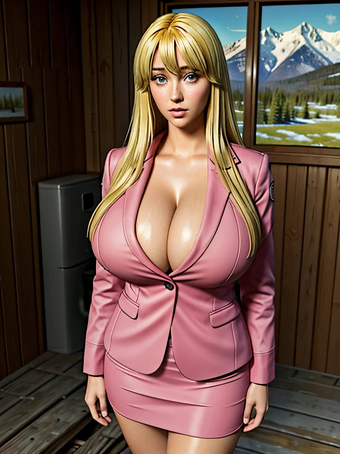 (masterpiece, Highest quality:1.2, 8k, Ultra-high resolution), (One person), Kochikame characters, (blonde:1.15, Straight Long Hair:1.1), (Ultra Slim Waist, perfect slim model body style), ((pink police uniform, pink jacket, pink short skirt, pink heels)), (Super huge breasts, Super huge cleavages, Super huge boob, Super huge tits), Detailed face, Detailed eyes, Beautiful Eyes, Perfect Eyes, Ultra-realistic & Highly detailed skin texture, (indoor, ultra realistic interior of abandoned narrow cabin interior, Ultra detailed interior of a small abandoned shack, In the mountains), View from the front, standing, look at viewer, 