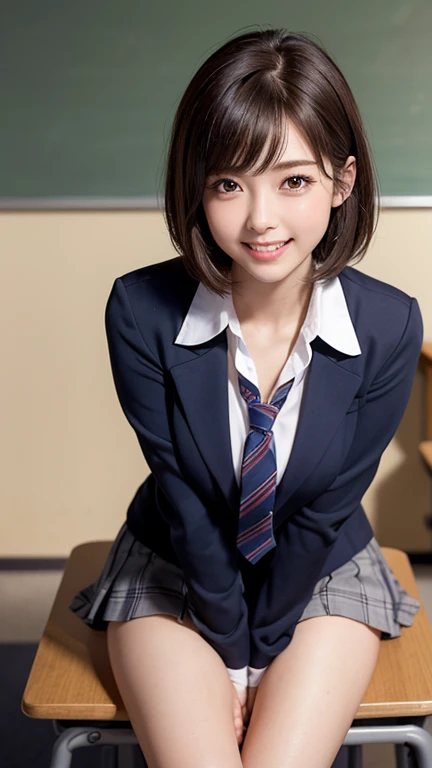 Product quality,1 person,Low - Angle,(Realistic),Young and cute Japan,Daytime, ((High school classroom:1.2)),Schoolgirl uniform,blazer,tie,Plaid,Blue Micro Mini Skirt,Very cute face,Glossy Lips,Beautiful big eyes,Brown eyes,Double eyelids on both eyes,(Natural Makeup),Shiny, smooth, short hair、Brunette Hair,Asymmetrical bangs,Center image,8k resolution,Attention to detail,Detailed hairstyle,Detailed face,Cinema Lighting,Octane Rendering,Ultra-realistic,Perfect limbs,Beautiful legs,Thin thighs,((Bust A cup)),Perfect Anatomy,Bold sexy pose,Burning idol pose、Showing teeth、smile
