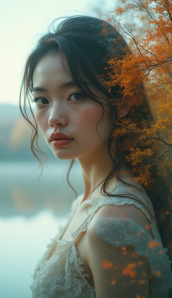 a woman standing in front of a bush with orange berries, a portrait, inspired by Elsa Bleda, digital art, photography alexey gurylev, beautiful girl on the horizon, lovely dark autumn princess, old color photo