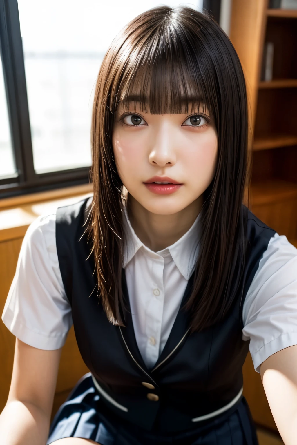 (realistic, photo-realistic:1.4), (masterpiece,best quality:1.2), RAW photo, high resolution, intricate details extremely detailed, sharp focus, (portrait, close-up of face, face focus:1.2), frontal photography, look at viewer, solo, 1girl, a Japanese female idol, (office lady), (uniform,vest,tight skirt:1.4), ,bare legs, ankle strap sandals, dark hair, (short bob hair, blunt bangs:1.2), (detailed face, beautiful detailed eyes, eyeliners, sophisticated nose), (jitome:1.4), pale skin, photo background, indoors, office room,,[Rei Ozono,Sakurazaka46]