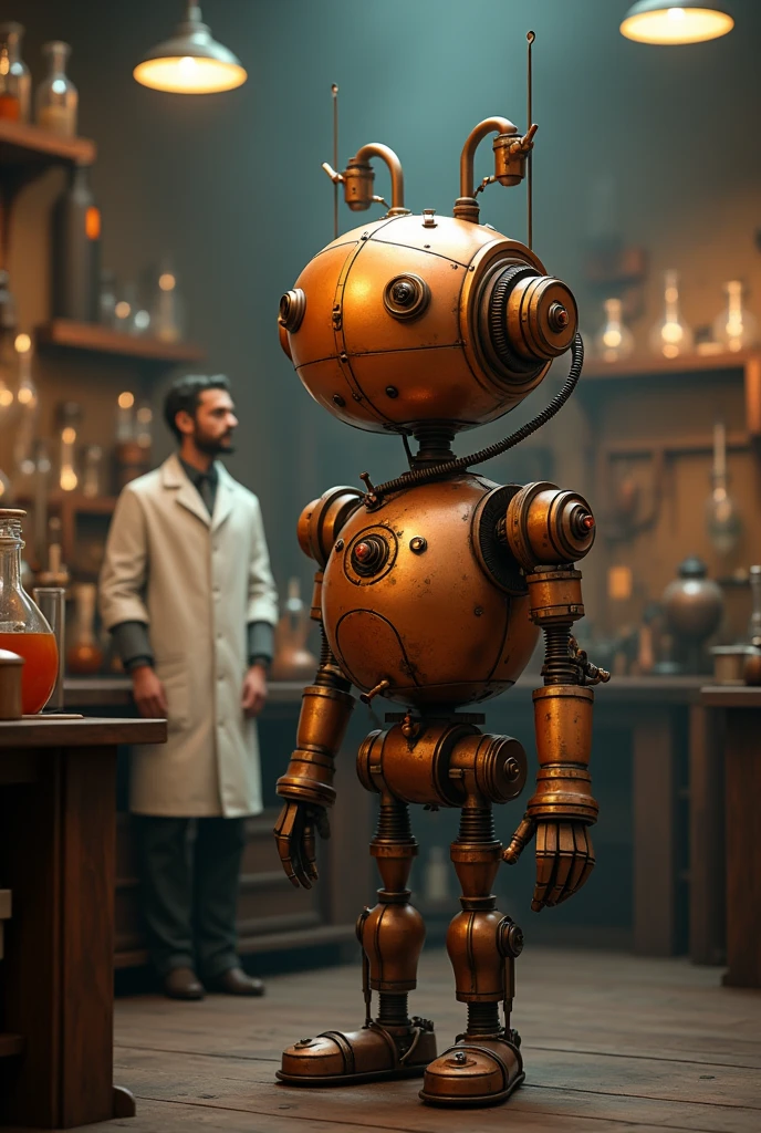 a funny robot, created by 19th century inventor, round face, funny, copper body, standing in laboratory, inventor's doctor beside, dimly lit room, sepia toned, best quality, 4k, 8k, highres, masterpiece:1.2, ultra-detailed, realistic, photorealistic, photo-realistic:1.37, HDR, UHD, studio lighting, ultra-fine painting, sharp focus, physically-based rendering, extreme detail description, professional, vivid colors, bokeh, steampunk, mechanical, industrial, vintage, antique, scientific, steam-powered, retro-futuristic