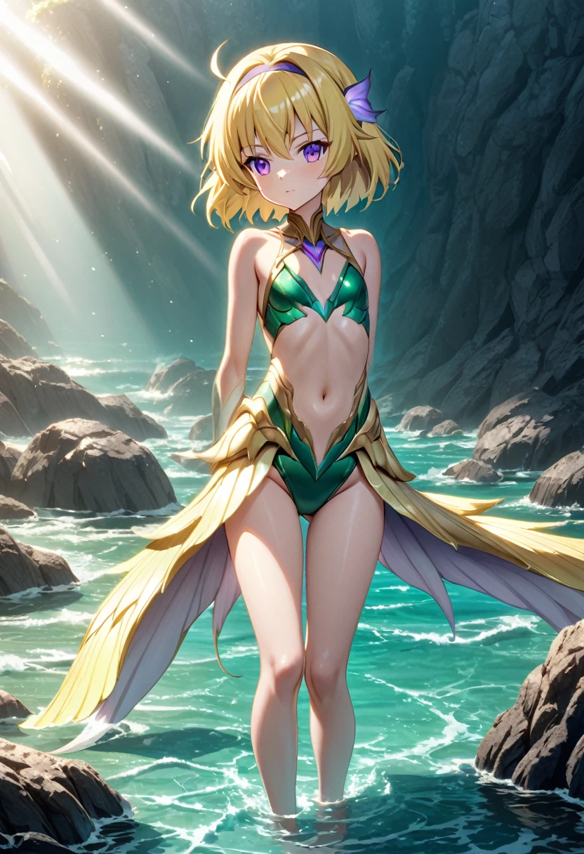 (Siren), (houjou_Satoko), sirnwobrd, 1 female, alone, Yellow Hair, blonde, Purple eyes, short hair, (hair band), Flat Chest, , Shallow rocky area, Sunlight streaming into the ocean, emerald green water, full body