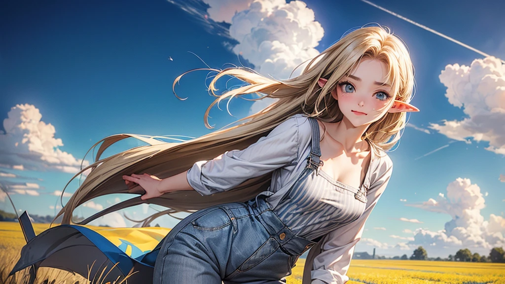 ((Masterpiece)), (Anime:1.5), ((best quality)), (RAW photo:1.2), (High Definition:1.3), (Professional Photography:1.2), (), (1girl), cute young girl, BREAK, (naughty face:1.3), (Beautiful daiamond eyes:1.5), (pale skin), elf girl, wearing Gray Workwear Coveralls, flat chest, slender waist, BREAK, (hair over eyes:1.2), Silky hair, medium hair, ((blond hair)), wearing Gray Workwear Coveralls, (in a wheat field among agricultural machinery), ((full length image of a girl)), ((low-cut neckline)), (open clothing in the chest area), ((Ukrainian flag on the background in the field)), Ukrainian flag on a flagpole, full length image of a girl, slender legs, (yellow-blue national flag of the state of Ukraine - (the upper part is blue and the lower part is yellow):1.5)