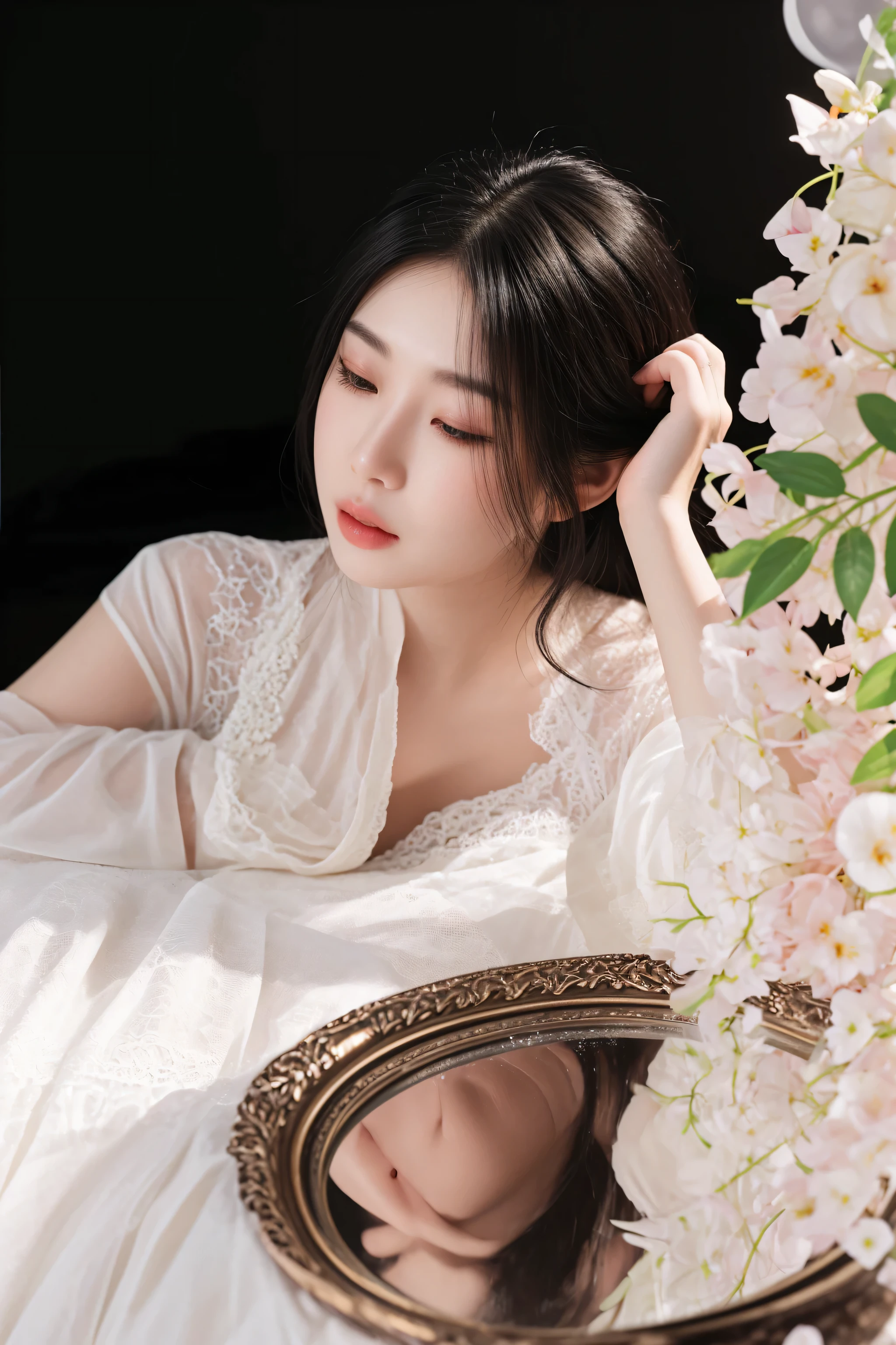 1个Giant Breast Girl,Full body photo,Flaxen hair,floated hair,Hazy beauty,Extremely beautiful facial features,White embroidered dress,with a hairpin on her head,Lie in the flowers,The hand dragged the chin,perfect hand,Rose flower,(springtime, Rainy days,butterflys,precipice), Simple vector art, Contemporary Chinese art, the soft light, Tangled scarf,Overlooking,Sleeping on the Bed,White sexy lace panties