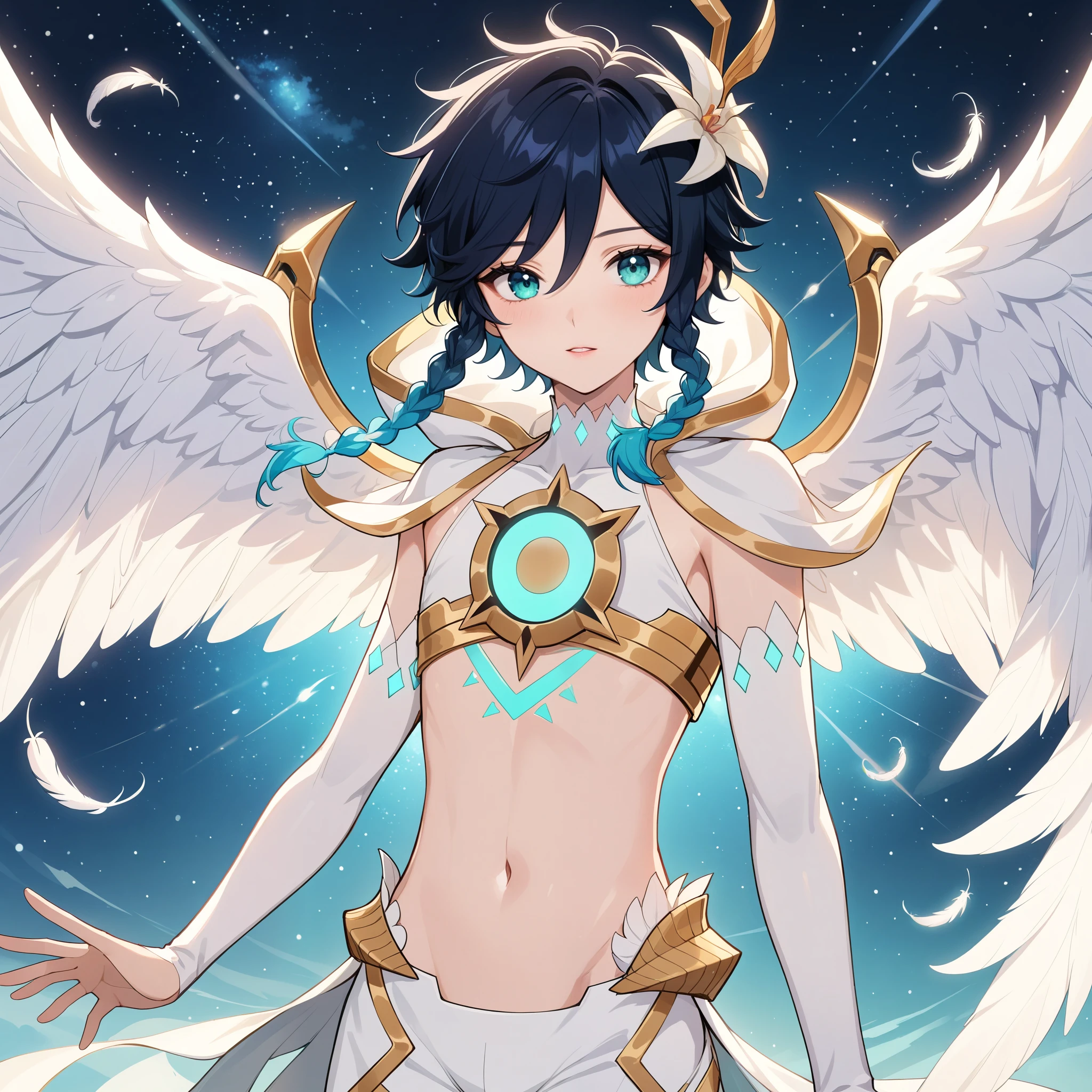 masterpiece,best quality,very aesthetic,absurdres,1boy,venti_/(archon/)_/(genshin_impact/),male_focus,detailed_eyes,(gnns:0.25),white feathered_wings,white halter crop top,white shorts,hair_flower,midriff,black blue hair gradient,dsmile,((flat chest)),slender,small waist,starry_sky,moon,starry_sky_print,((bluegreen eyes)),slender,feathers,divine,detailed_eyes,long_eyelashes,pink_lips,glossy lips,narrow_waist,wide_hips,bare stomach,seductive,flirtatious,iridescent volumetric light, god rays, heavenly,cosmic,celestial,