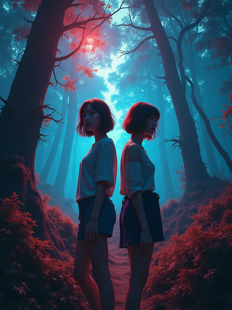 An ultra-realistic and highly detailed image of a 2 woman, Woman, short brown hair, in a thick forest, thorny trees, Epic images, high qualiy, fancy, swirly vibrant colors, night vision, casual clothes, casual clothes da moda ar-16:9 The scene was filmed on a Sony A7R IV camera with a 24-70mm f lens./2.8GM, which provides incredible clarity and richness of detail.