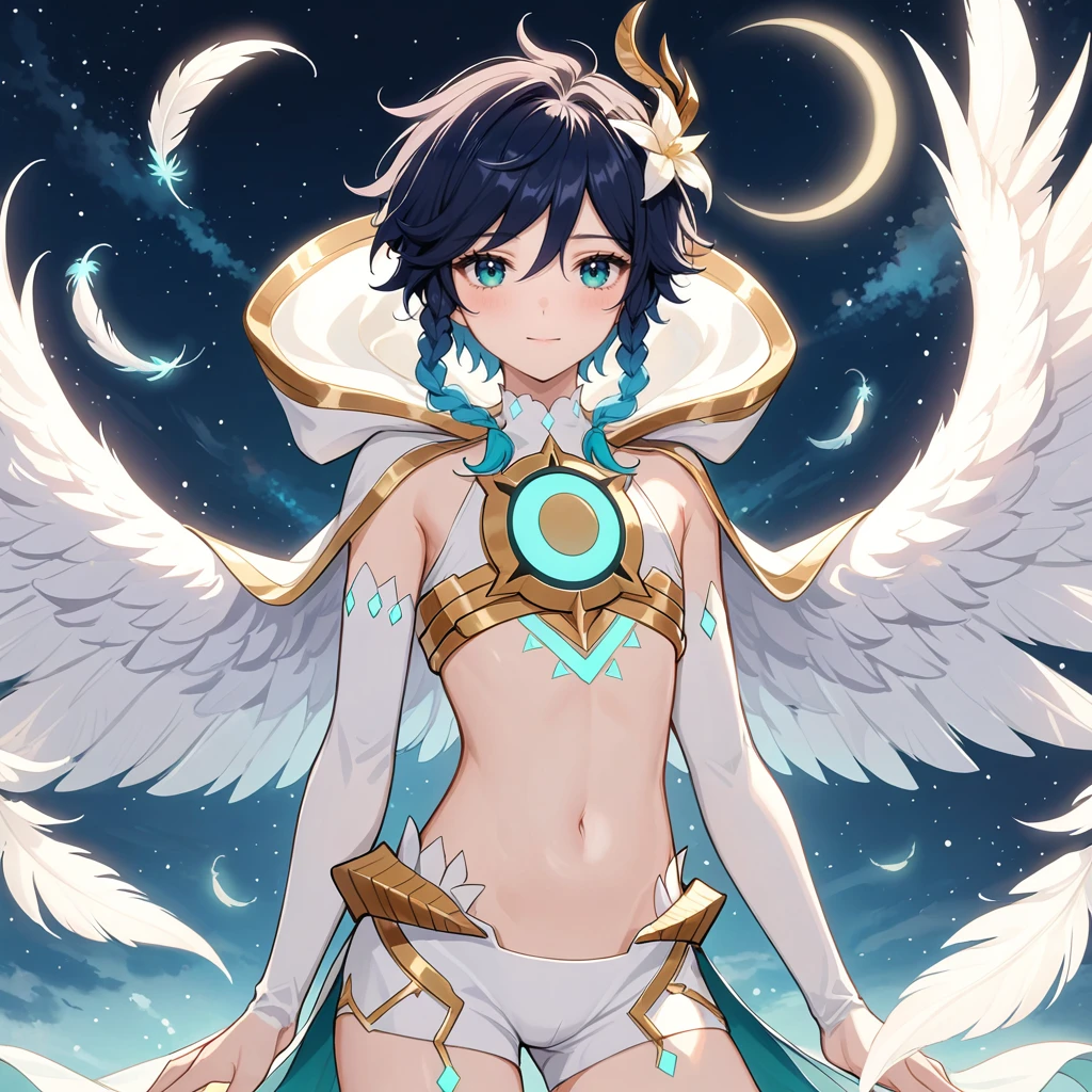 masterpiece,best quality,very aesthetic,absurdres,1boy,venti_/(archon/)_/(genshin_impact/),male_focus,detailed_eyes,(gnns:0.25),white feathered_wings,white halter crop top,white shorts,hair_flower,midriff,black blue hair gradient,dsmile,((flat chest)),slender,small waist,starry_sky,moon,starry_sky_print,((bluegreen eyes)),slender,feathers,divine,detailed_eyes,long_eyelashes,pink_lips,glossy lips,narrow_waist,wide_hips,bare stomach,seductive,flirtatious,iridescent volumetric light, god rays, heavenly,cosmic,celestial,perfect elegant hands,(realistic:0.25),Monet, pixiv fantasia 