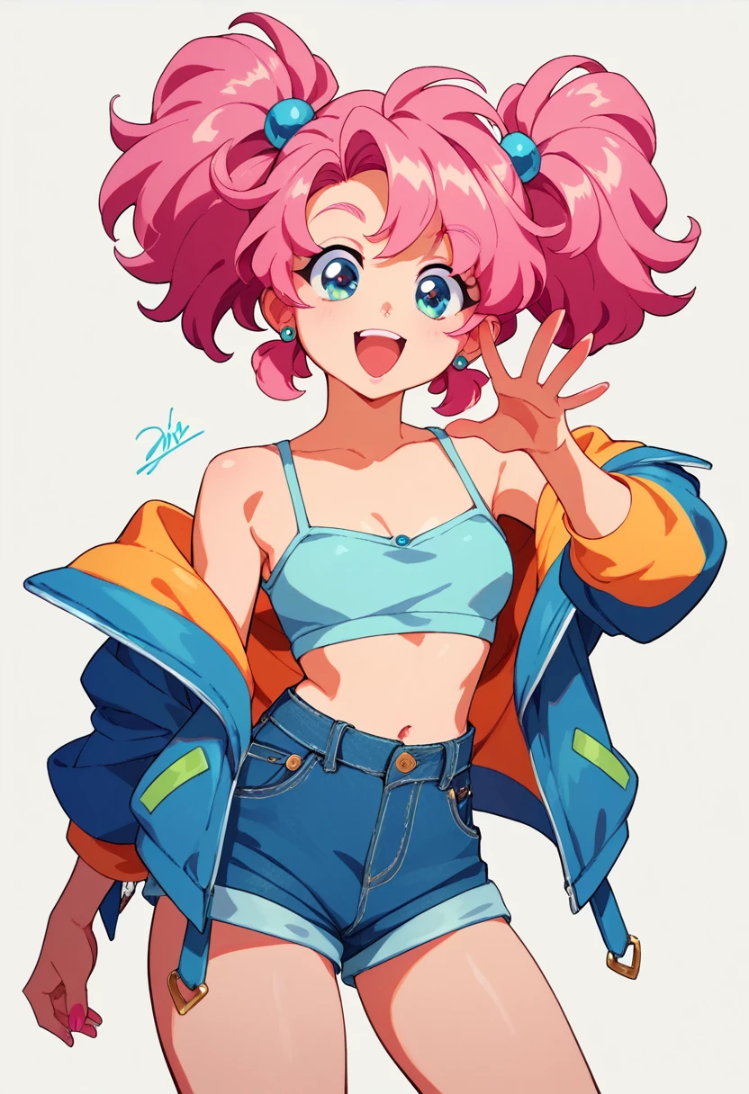 One Girl　Provocative smile　,Jacket,High Leg,Open your mouth,Dip dye hair,　　　Cute pose　whole body　　Exposed shoulders　Exposed Skin　Brat　Denim hot pants　Twin tails　