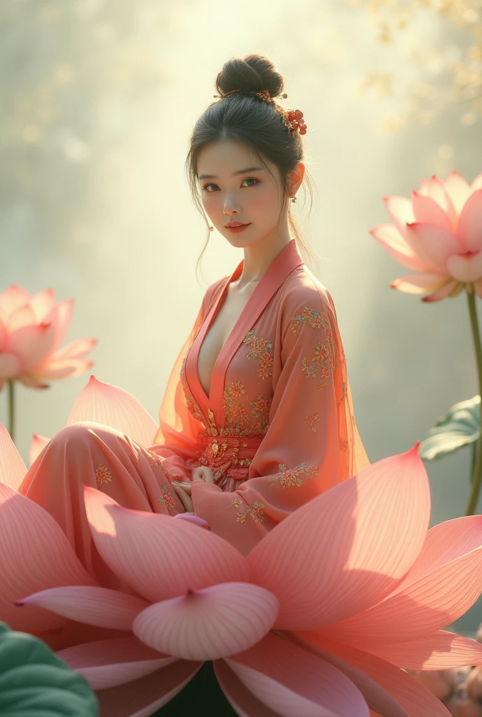 Full-body photo of a courtesan in lotus position，Praying with palms together、Anatomically correct,born, Cinematic shots, (Sharp focus:1.5), (Realistic:1.4), dusk lighting, (Look this way）、（Front facing）、((Less exposed skin)),Volumetric lighting, Ultra-high resolution, 16K,Dramatic lighting, Abstract background：1.5）（Tangleた，Datura stramonium，Holding a heart light in your hand、Tangle，Intertwined：0.7）witch，((Red kimono)), Foxfire spells, conversion, Depth of written boundary, A fantastic atmosphere, The most beautiful form of chaos, Elegance, Fauvist Design Dark Theme, flowers of death, flowers of ecstasy，Glowing Lines,Glow Example，Tracking example，flash， Backlight，translucent，Particles of light,hill，exit