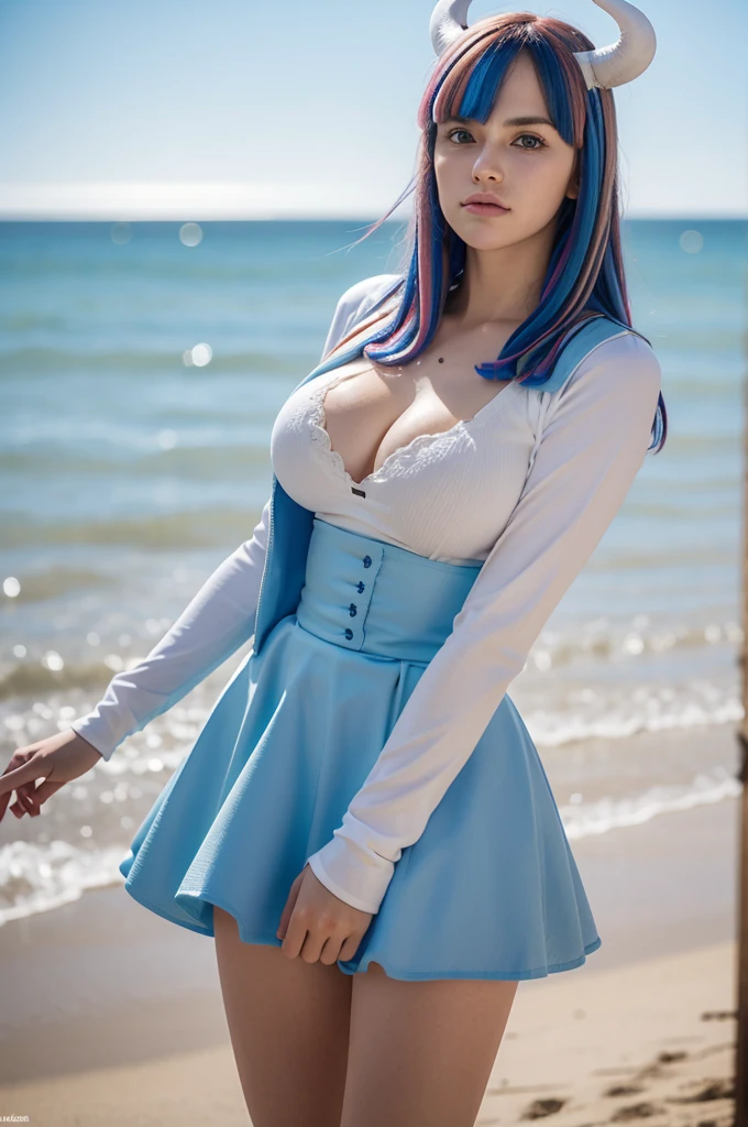 masterpiece, best quality, ultra-detailed, ((mature face)), UltiOP, onepieceanime, large breasts, multicolored hair, long hair, blue hair, pink hair, bangs, horns, blue skirt, high-waist skirt, white shirt, long sleeves, blue cape, in a beach, standing, ((cowboy shot)), realistic, volumetric lighting, intricate details, tonemapping, sharp focus, hyper detailed,  