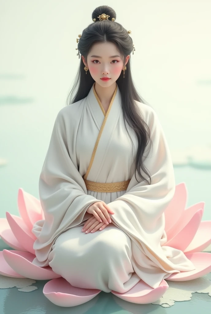 beautiful chinese woman, in traditional white Chinese robes, sitting on a lotus flower, Front angle, light background