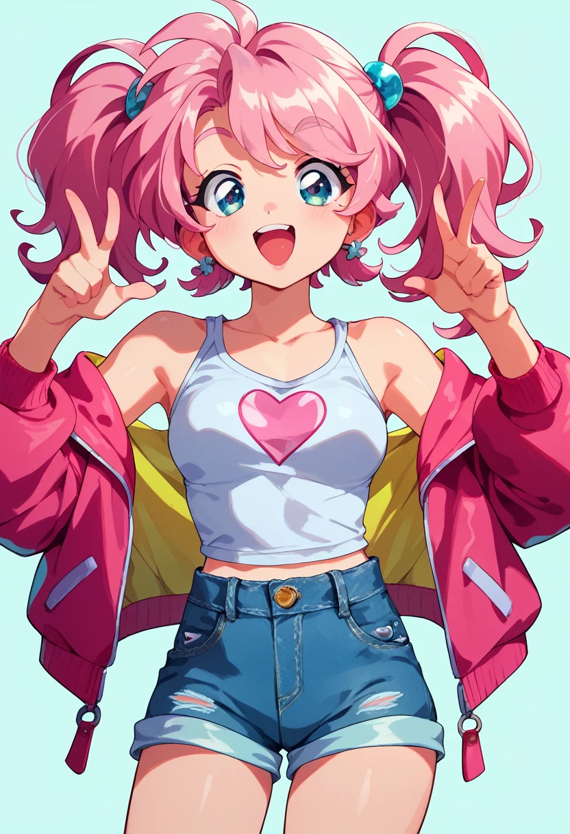 One Girl　Provocative smile　,Jacket,High Leg,Open your mouth,Dip dye hair,　　　Cute pose　whole body　　Exposed shoulders　Exposed Skin　Brat　Denim hot pants　Twin tails　Smooth Hair