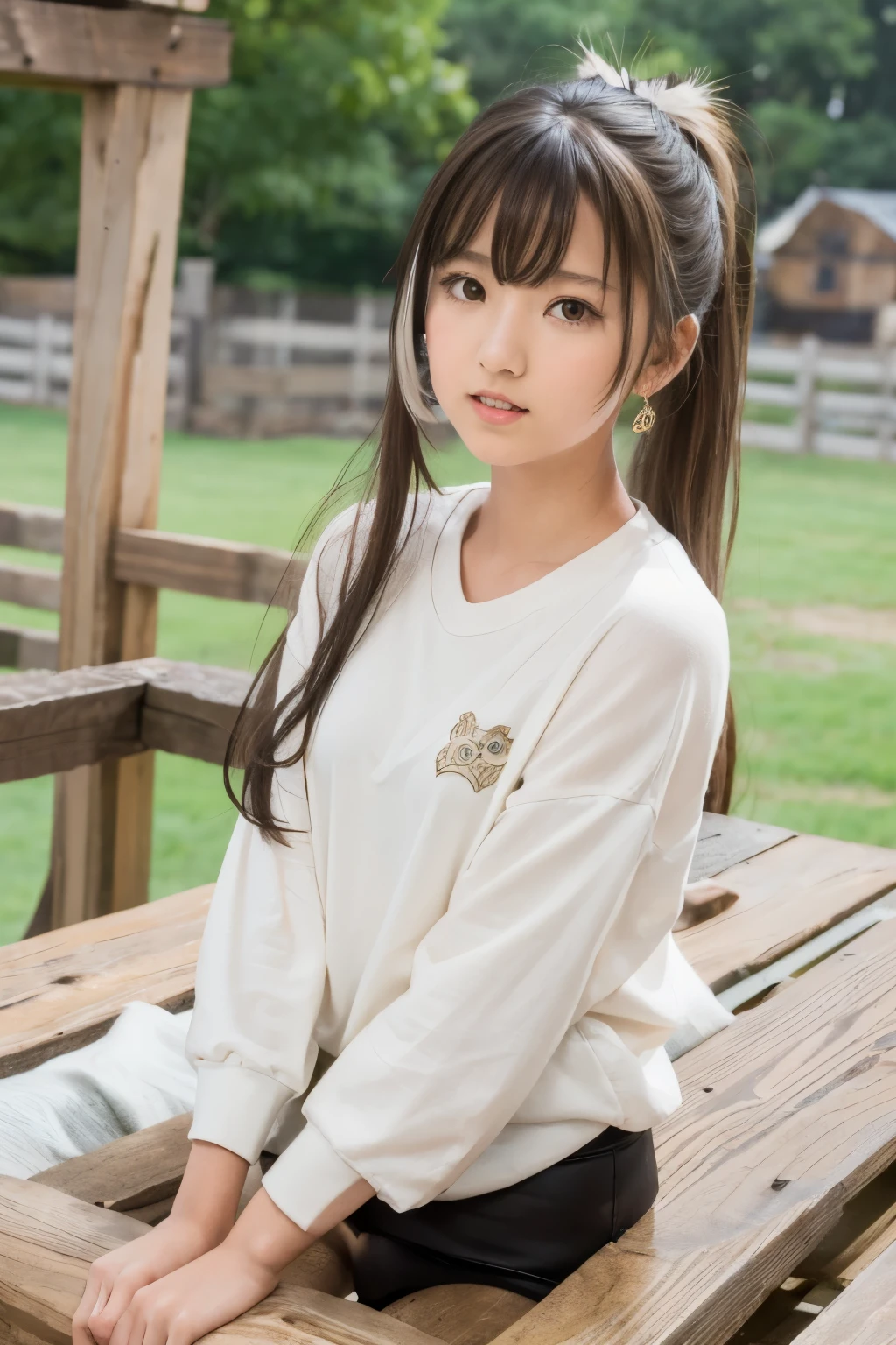 Nanashi Mumei, Owl Girl, Beautiful Girl, age 20, brown ponytail long hair, High nose, Sharp eyes, A noble and inviolable character, (([woman]: 1.2 + [beauty]: 1.2 + Long black hair: 1.2)), floating paper bag friend, background, Bright Eyes, Dynamic angles and postures, wallpaper. feather hair ornament, tree house background