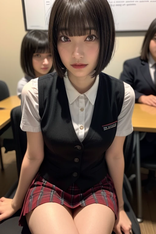 (realistic, photo-realistic:1.4), (masterpiece,best quality:1.2), RAW photo, high resolution, intricate details extremely detailed, sharp focus, (portrait, close-up of face, face focus:1.2), frontal photography, look at viewer, solo, 1girl, a Japanese female idol, (office lady), (uniform,vest,tight skirt:1.4), ,bare legs, ankle strap sandals, dark hair, (short bob hair, blunt bangs, jitome:1.4), (detailed face, beautiful detailed eyes, eyeliners, sophisticated nose), (), pale skin, photo background, indoors, office room,,[Rei Ozono,Sakurazaka46]