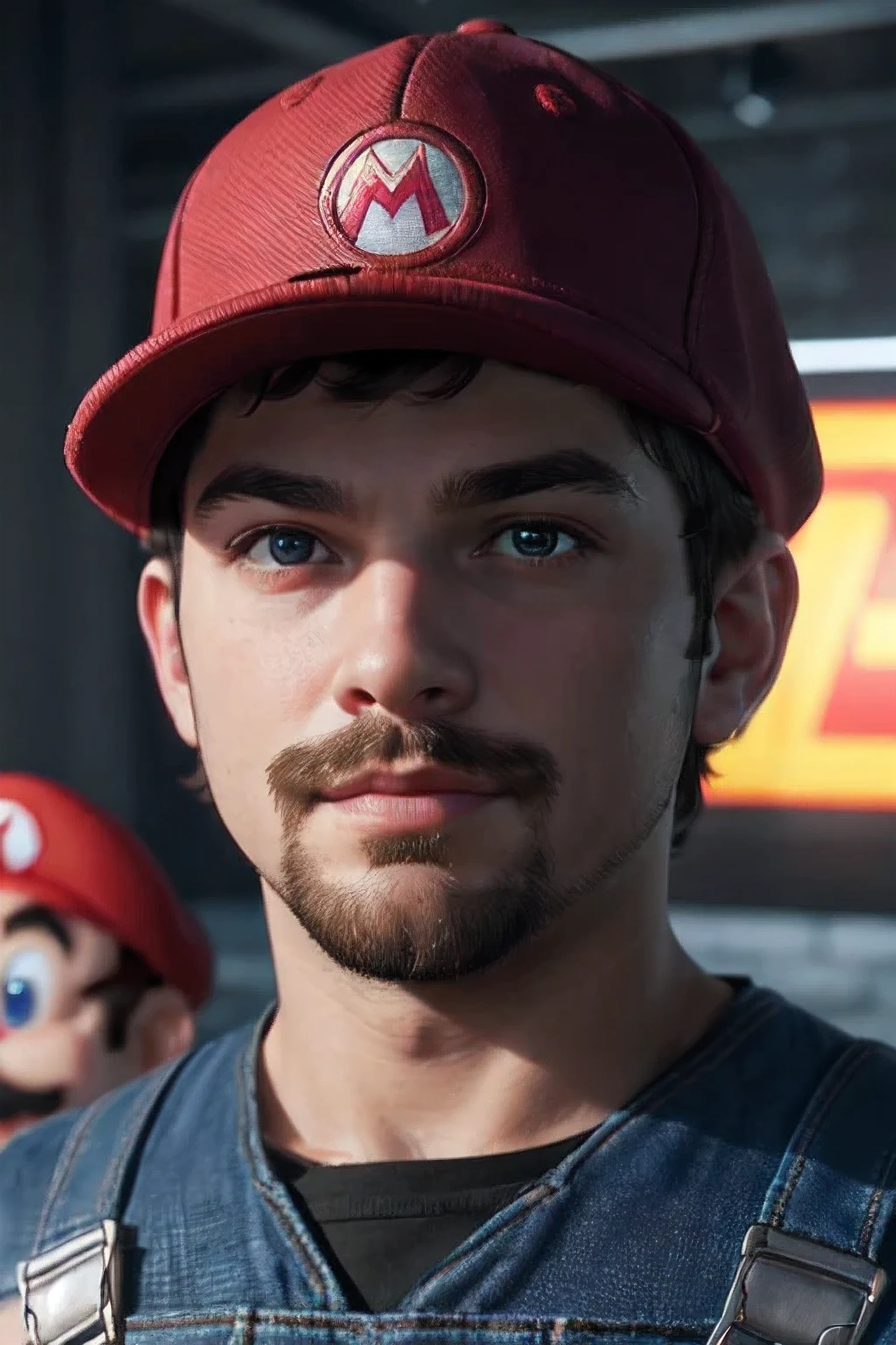 a 3D rendered, chubby, young boy wearing a red cap, red shirt, and blue overalls, detailed face and eyes, perfect eyes, super mario, super mario brothers, unreal engine 5 rendering, high quality, photorealistic, cinematic lighting, vibrant colors