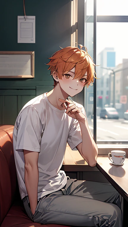 (masterpiece), best quality, expressive eyes, perfect face, earrings, cup, jewelry, white background, smile, hood, mug, open mouth, holding, jacket, simple background, holding cup, akito_s