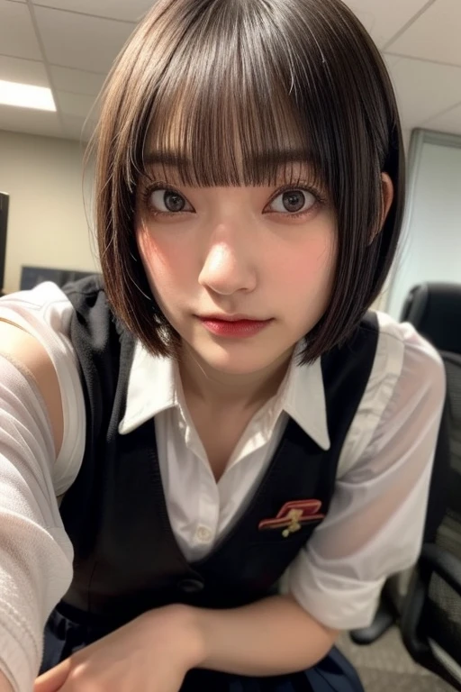 (realistic, photo-realistic:1.4), (masterpiece,best quality:1.2), RAW photo, high resolution, intricate details extremely detailed, sharp focus, (portrait, close-up of face, face focus:1.2), frontal photography, look at viewer, solo, 1girl, a Japanese female idol, (office lady), (uniform,vest,tight skirt:1.4), ,bare legs, ankle strap sandals, dark hair, (short bob hair, blunt bangs, jitome:1.4), (detailed face, beautiful detailed eyes, eyeliners, beautiful pupils, sophisticated nose), pale skin, photo background, indoors, office room,,[Rei Ozono,Sakurazaka46]