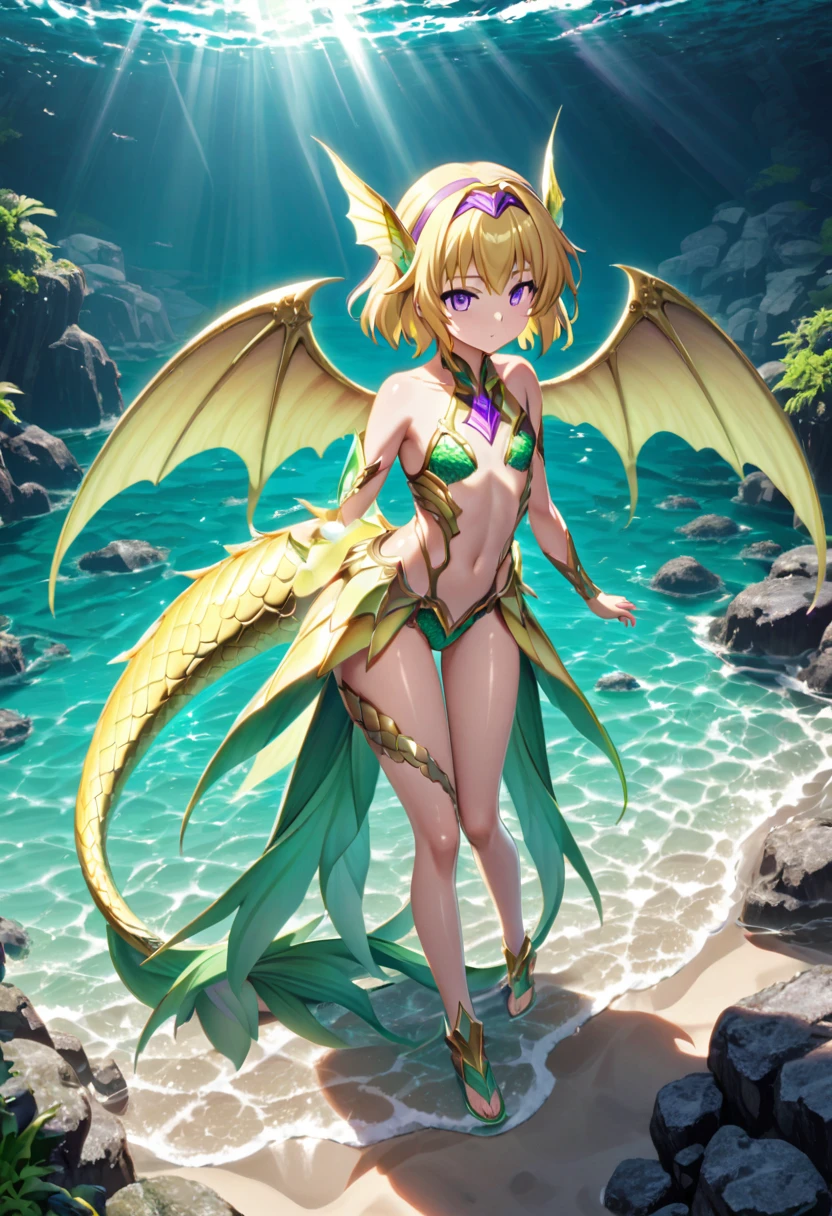 (Siren), (houjou_Satoko), sirnwobrd, 1 female, alone, Yellow Hair, blonde, Purple eyes, short hair, (hair band), Flat Chest, , Shallow rocky area, Sunlight streaming into the ocean, Shiny skin like fish scales, emerald green water, full body