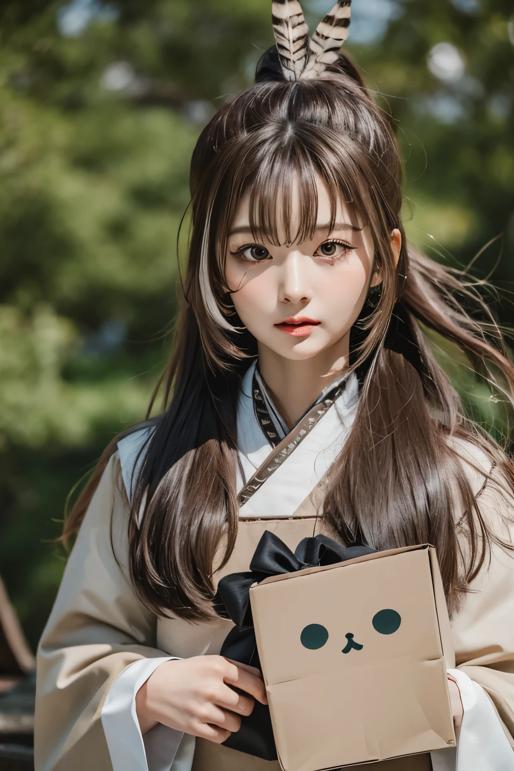 Nanashi Mumei, Owl Girl, Beautiful Girl, age 20, brown ponytail long hair, High nose, Sharp eyes, A noble and inviolable character, (([woman]: 1.2 + [beauty]: 1.2 + Long black hair: 1.2)), floating paper bag friend, background, Bright Eyes, Dynamic angles and postures, wallpaper. feather hair ornament, tree house background