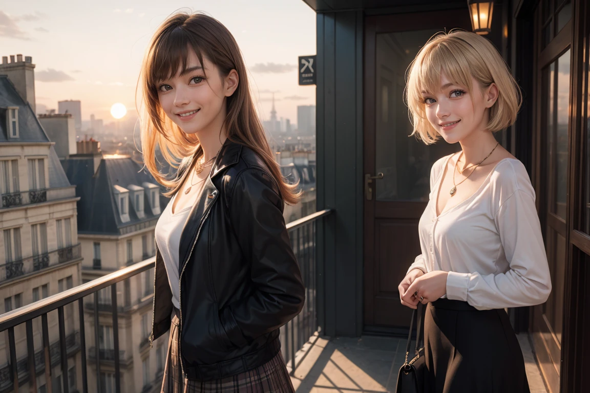 masterpiece, photorealistic:1,  kawai, beautiful 2 woman, , cute, smile, happy, blond_hair, jewelry, necklace, best quality, skirt, jacket, tied_shirt,,  bangs, mouth_open,  sunset, , balcony, city, paris france