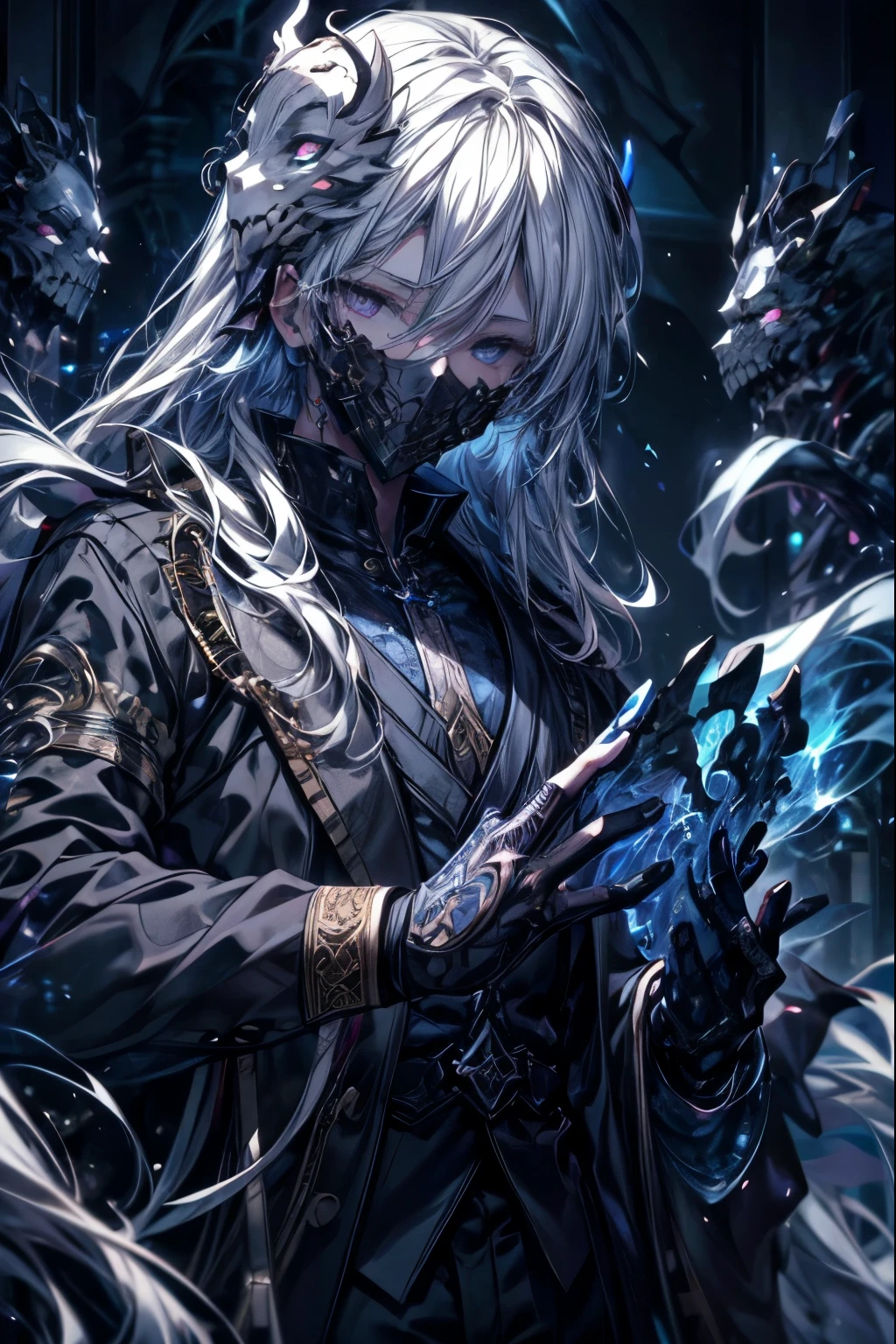 (masterpiece, best quality, perfect face, expressive eyes), 1boy, (male), intricate details, four arms, white hair, (blue skin), black eyes, ghost mask,