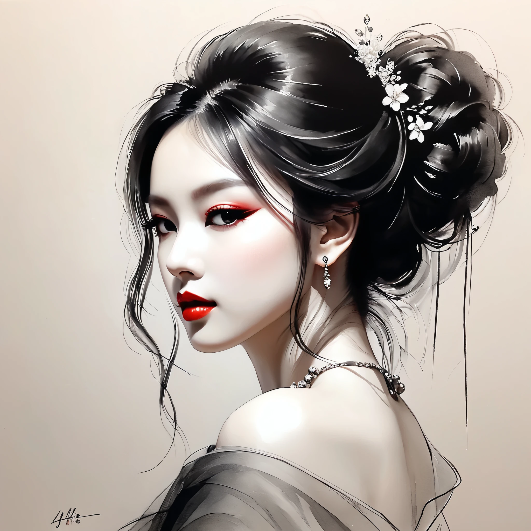elegant maiden,black andwhite水墨画,pen sketch drawing,loose brushwork,Pen outlines delicate lines,Fluid action,Subtle shades of paint,elegant posture,A peaceful expression,Delicate facial features,black andwhite,to clean, little red.