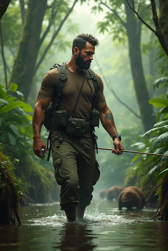 A young and extremely handsome and fitted rugged adventurer lost in a lush and foggy jungle, determined to complete hismission, short messy hair