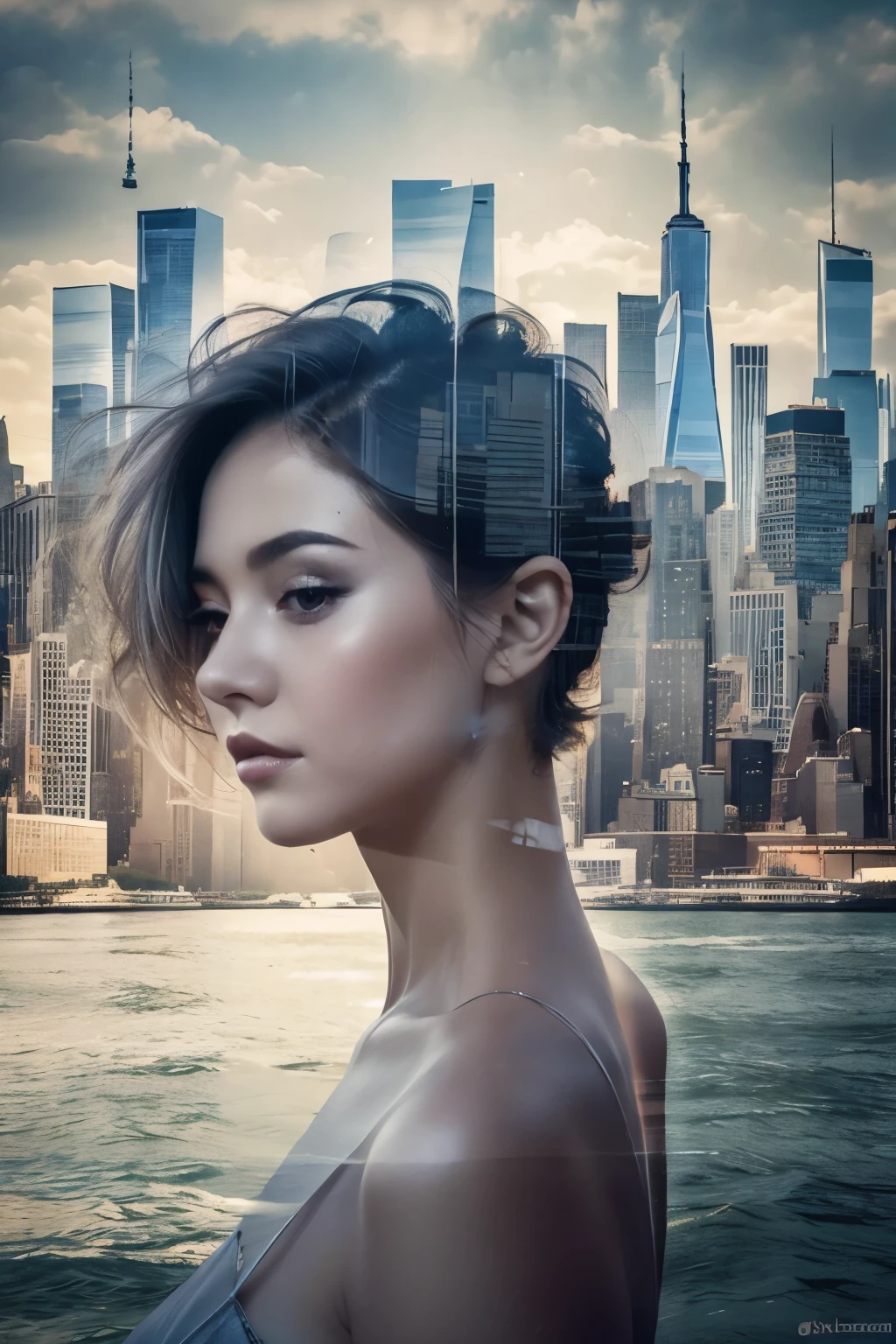 New York city at dusk、Skyscrapers、Beautiful woman in a neat dress、Very delicate and beautiful face and eyes、Small smile、Silver grey short bob hair、Small breasts、Surreal dreams、Ethereal atmosphere、High Dynamic Range、Contour、high definition、High resolution、Fantasy、masterpiece、High resolution、((Double Exposure))