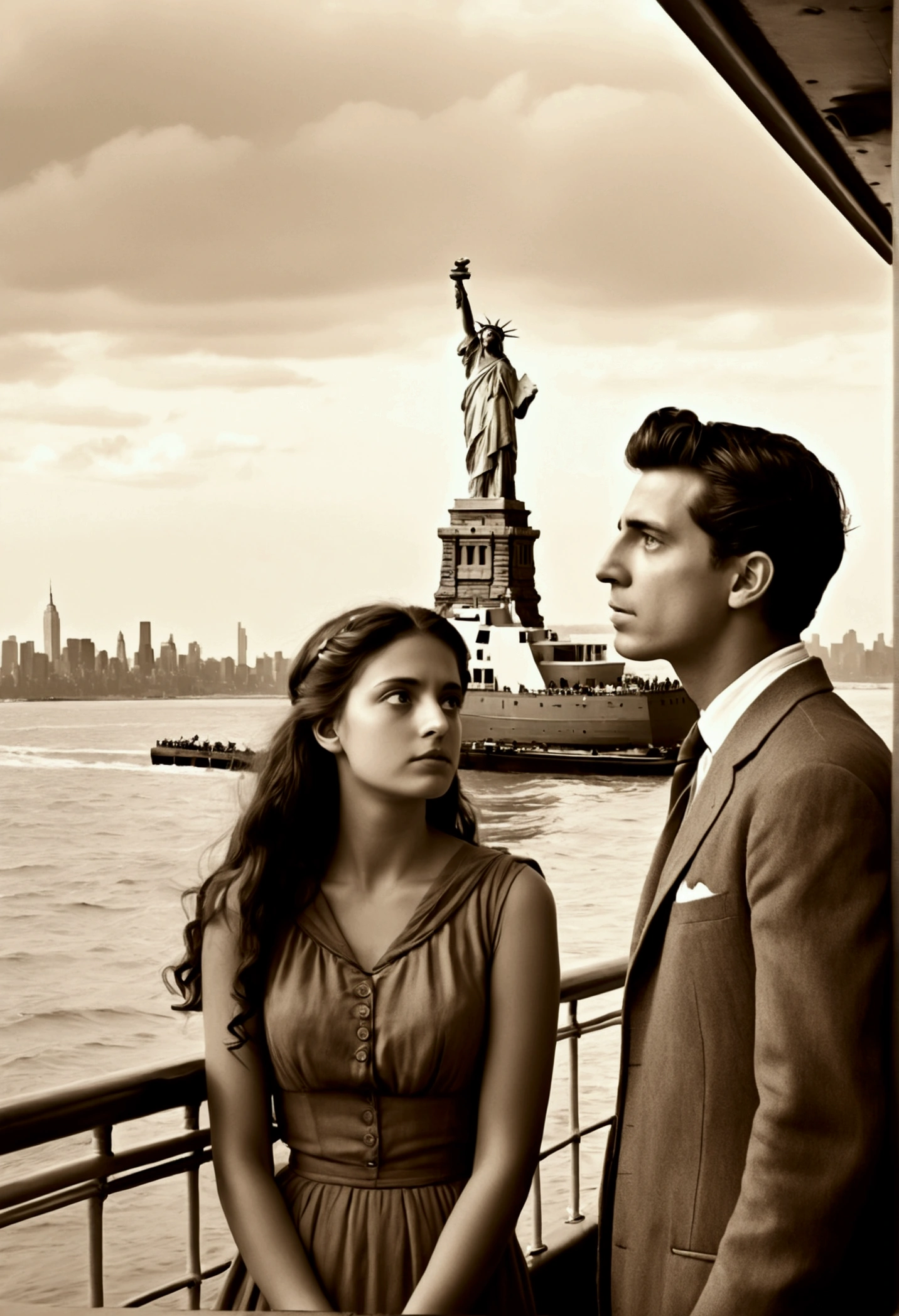 Manhattan, New York, 1892. A middle-aged Irish couple looking up at the Statue of Liberty from the deck of an immigrant ship. Their expressions are a mixture of hope and anxiety. Sepia-toned, high-definition, realistic, detailed.