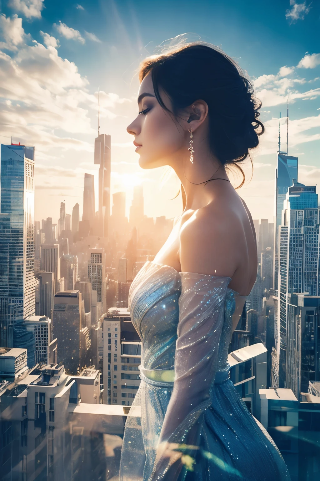 City、Skyscrapers、A beautiful woman in a dress、Surreal dreams、Ethereal atmosphere、evening、High Dynamic Range、Contour、Global Illumination、high definition、Cubism、masterpiece、High resolution、Double Exposure