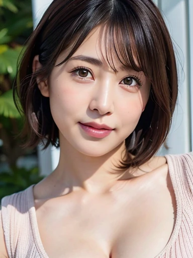 Photographed by a professional photographer, (Highly detailed and realistic)Face and skin texture, fine grain, (Photorealistic Rendering), (High-resolution facial features and micro skin detail), (Natural skin tones and shade gradations), Soft shadows and highlights, (8K high resolution), (Interaction of albedo and specular maps), Sigma 50mm f1.4 Use, Shallow depth of field, (Complete elimination of edges and contours), (Cinematic bokeh), Soft Background Blur, (Natural light), Vintage Film Style, In front of the white outer wall, (Super realistic and cute face), Natural Makeup, (smile), (Symmetrical, intricately detailed eyes with black irises), (Well-defined and delicate nose), (Precise details and natural pink lips), Subtle imperfections, Looking into the camera, Close-up of a sweaty chest, (Straight short hair 1.3), (Straight Hair:1.3)、Plus Size, Beige sleeveless sweater only, Japanese, Underbust, Camel Toe