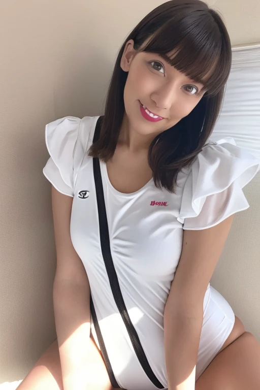 One girl, Beautiful woman,White onepiece swimsuit, skinny, Perfect body,  black Hair, Bedroom with white walls,  ベッドに座るHighly detailed face, Beautiful Eyes, Beautiful Lips, double eyelid, A shy smile, Shorn bangs, Sunburned skin, Pubic Hair Tips, (Highest quality, 8k, masterpiece:1.3), front and full body shot, Cameltoe, Positive, Spread your legs wide