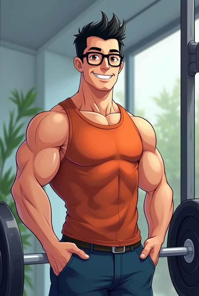 Best quality, masterpiece, ultra high res, detailed background, realistic, solo, male, wearing a clear glasses, mature, bara, muscular, short hair, facial hair, shirtless outfit, tight briefs, school, full body, shirtless outfit, swimming athlete, inside hotel room, sports, thick thighs, light smile