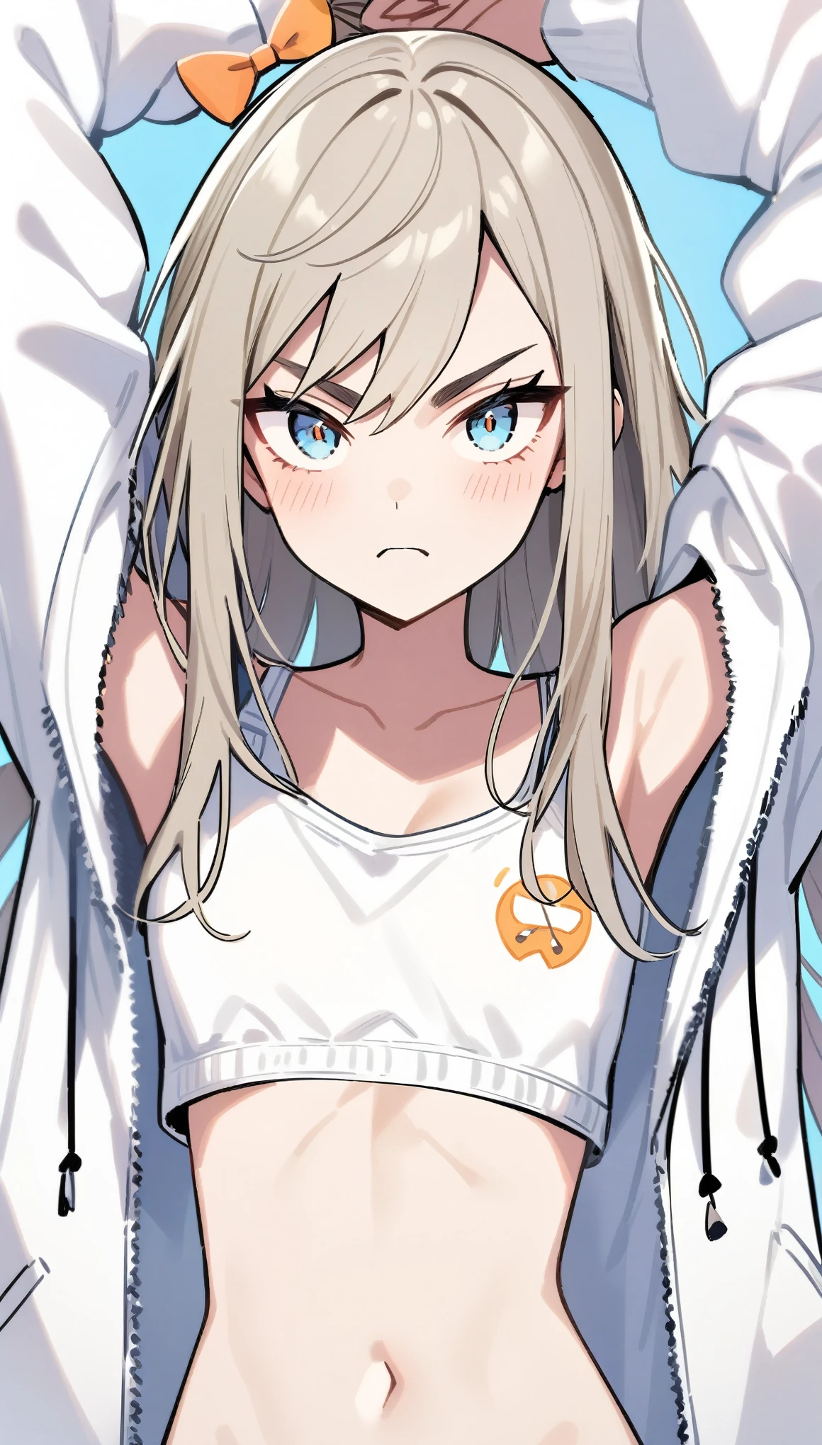 nsfw,(Petite),(boy),penis,blonde low twintails,lips,There is a gap in the chest area of the hoodie,Sweat,White Breath,slouch,Audience peering from above