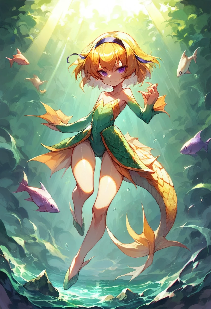 (Siren), (houjou_Satoko), sirnwobrd, 1 female, alone, Yellow Hair, blonde, Purple eyes, short hair, (hair band), Flat Chest, , Shallow rocky area, Sunlight streaming into the ocean, Shiny skin like fish scales, wing, emerald green water, full body