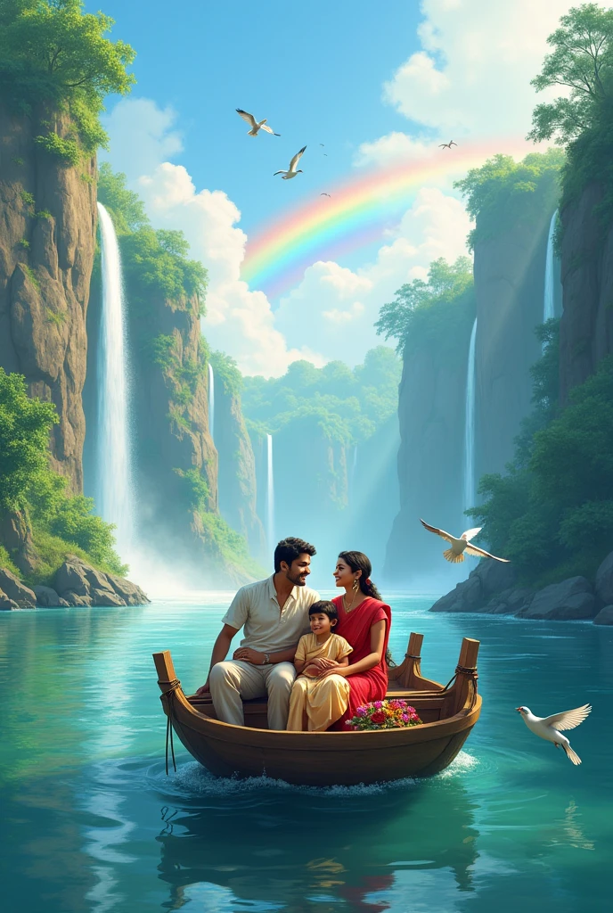 Create beautiful picture "Beautiful river in middle beautiful boat telugu parents sitting with their beautiful kids in top of boat rainbow  displaying with beautiful birds surrounded by beautiful waterfalls"