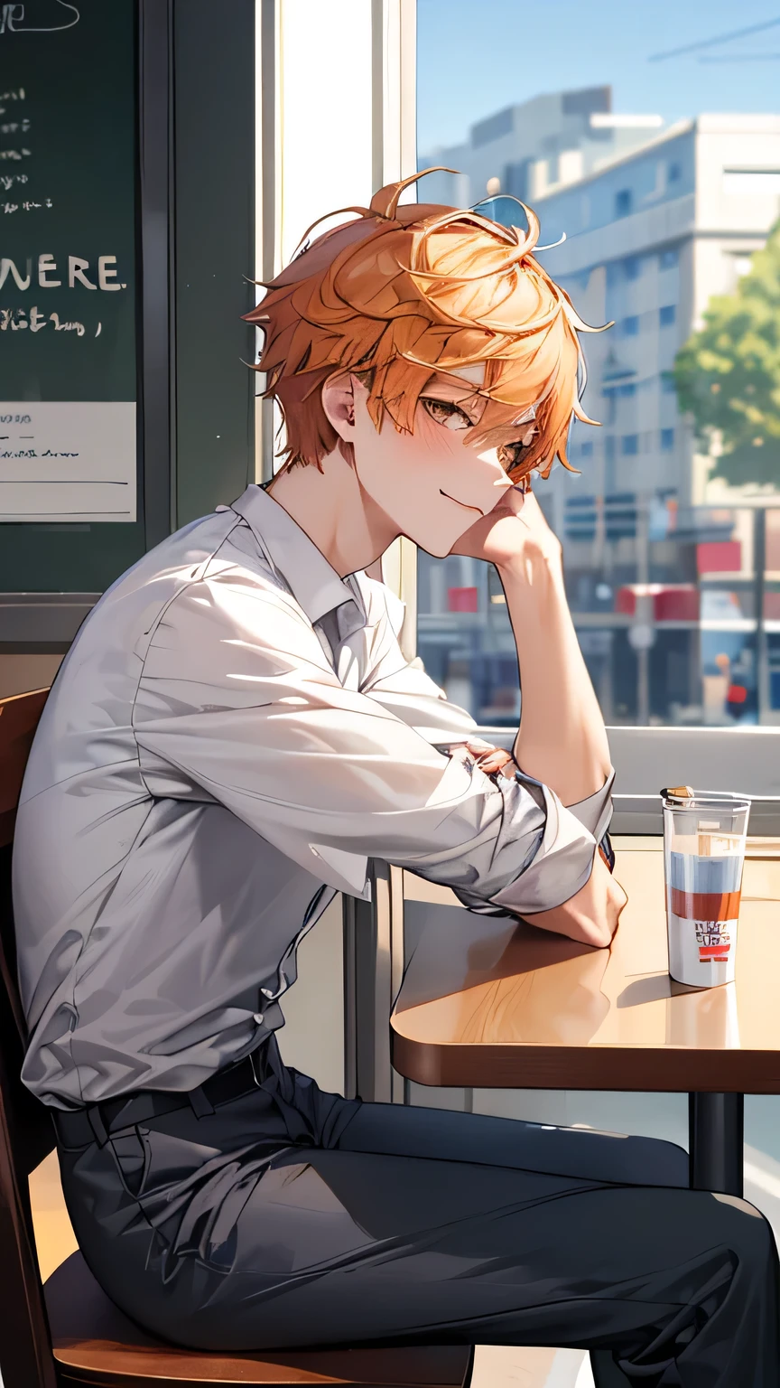 akitokun, looking at viewer, long sleeves, holding, hair between eyes, jewelry, school uniform, jacket, :d, earrings, looking back, pants, indoors,barefoot,dust on foot soles,black foot soles, hood, bag, from behind, window, hoodie, blazer, backpack, hood down, lens flare, school bag, hand in pocket, grey jacket,focus feet