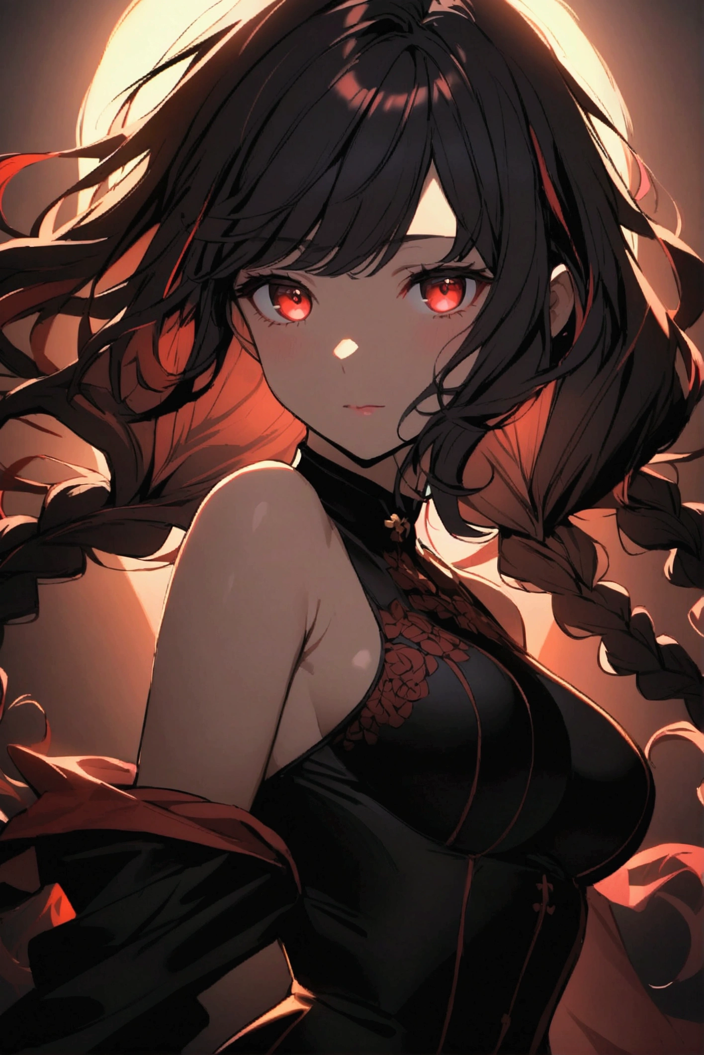 Girl with long black hair with red highlights red eyes Wavy hair Breasts, Triple braids, 