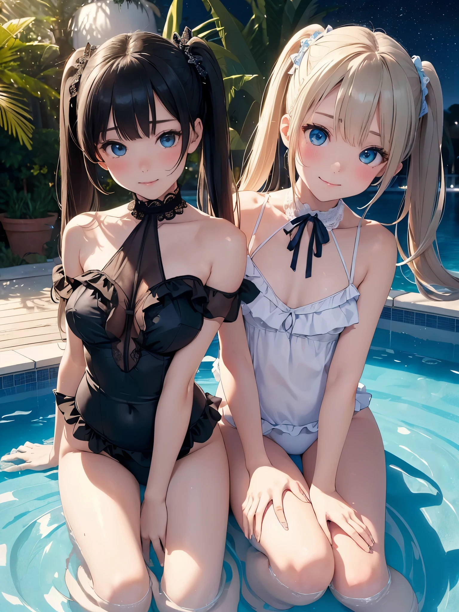 ((masterpiece)), ((highest quality、Ultra high definition)), (Very detailed),(8k、Photo quality)、((Amazingly cute girl)),1 girl)), Two people, , (Beautiful emerald blue eyes), ((smile、Small breasts)),In the open-air bath overlooking the sea, Beautifully arranged black hair in twin tails、Slim Body、((Cute swimsuit with lace and frills))、Professional Lighting、(White lace knee-highore detailed and beautiful)、(More details and cutenesore realistic)、((Just wear light clothing))、Frolic in the pool、(unbelievably cute)、(A cute pose)、((Night view))、(Have a drink to stay hydrated)、(Taking a shower)、(Low angle close up on knee)、(The silhouette of the genitals is visible)、スケスケ、