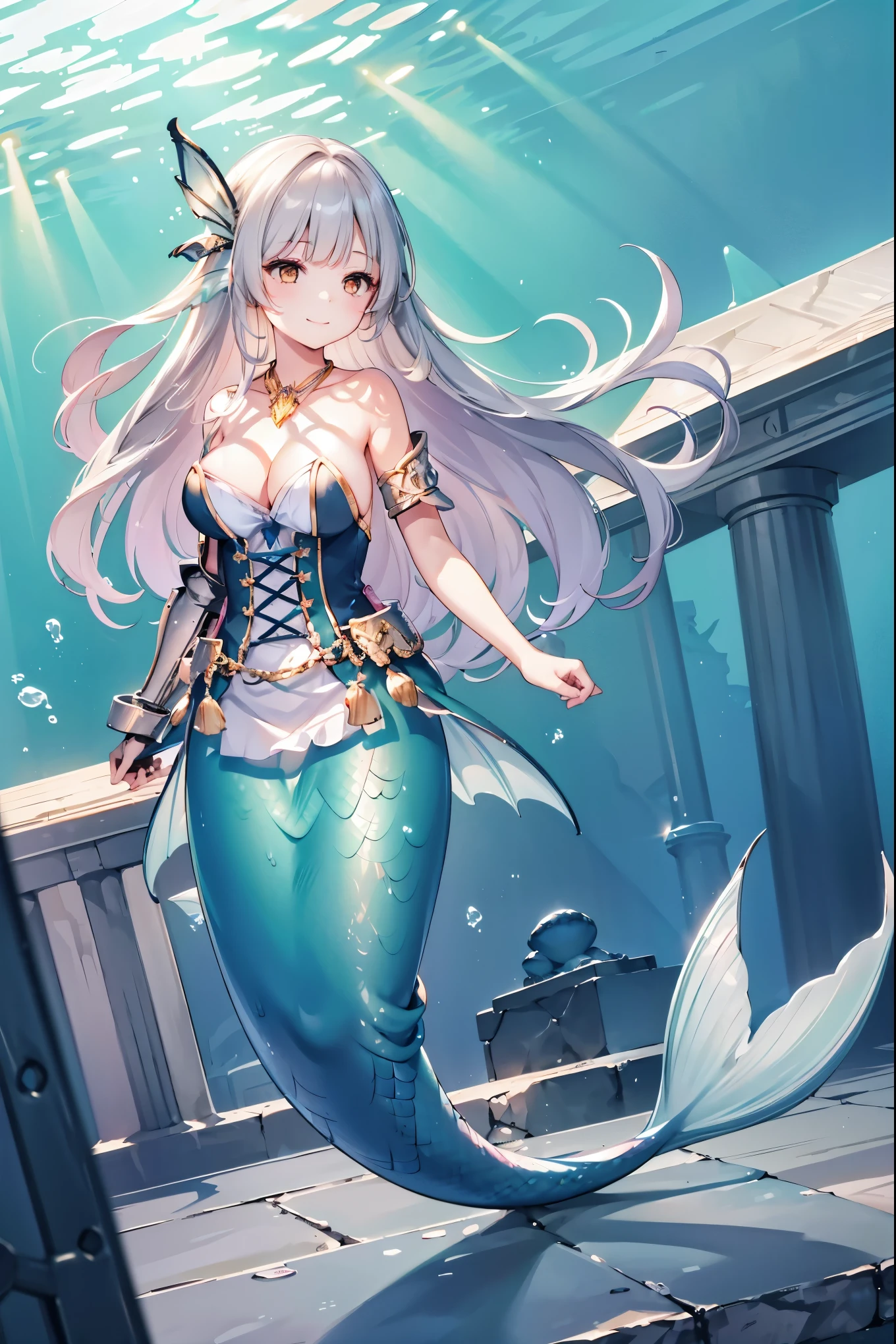 masterpiece, best quality,1girl,hair ornament, halterneck, cleavage, bare shoulders, blue dress, single gauntlet,Large Breasts,独奏,Mermaid,蓝色的Mermaid尾巴,full-body shot,(Underwater:1.2),Smile