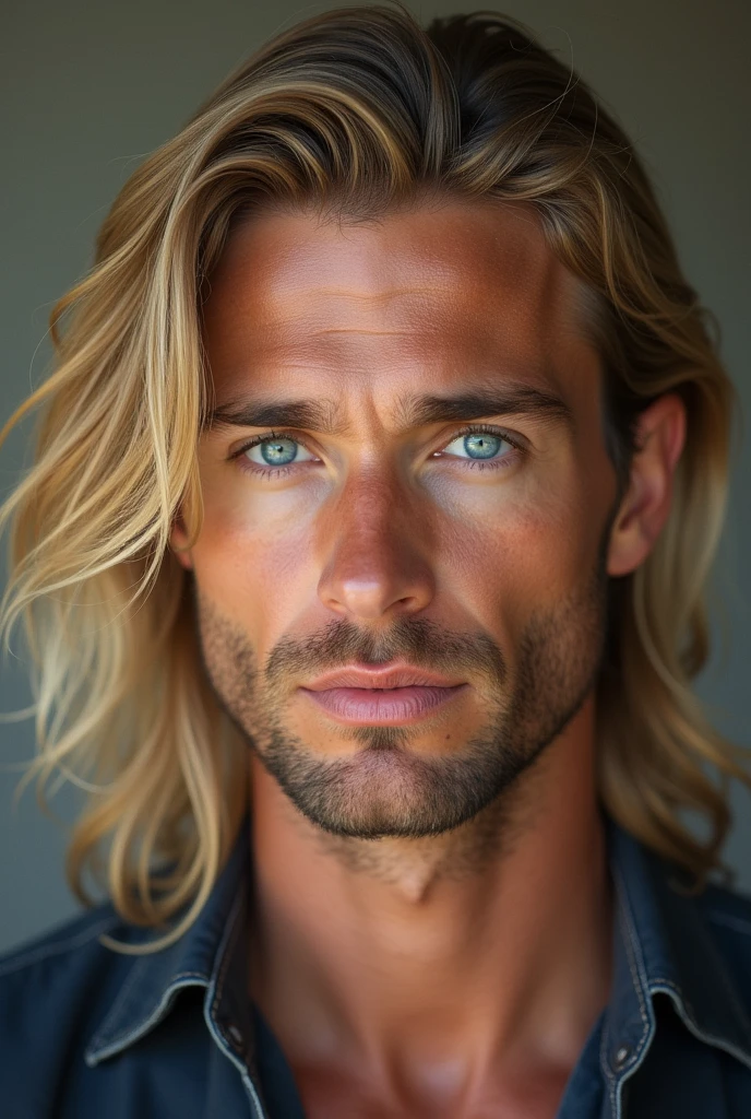 Real man with blond hair, skin tanned, most beautiful beauty ever seen, and gray eyes