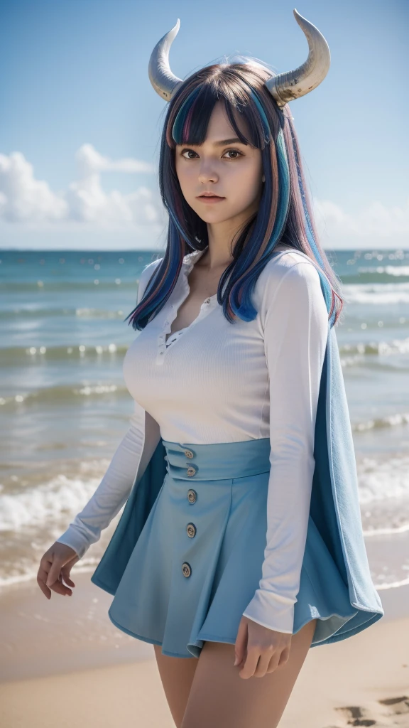 masterpiece, best quality, ultra-detailed, ((mature face)), UltiOP, onepieceanime, large breasts, multicolored hair, long hair, blue hair, pink hair, bangs, horns, blue skirt, high-waist skirt, white shirt, long sleeves, blue cape, in a beach, standing, ((cowboy shot)), realistic, volumetric lighting, intricate details, tonemapping, sharp focus, hyper detailed,  