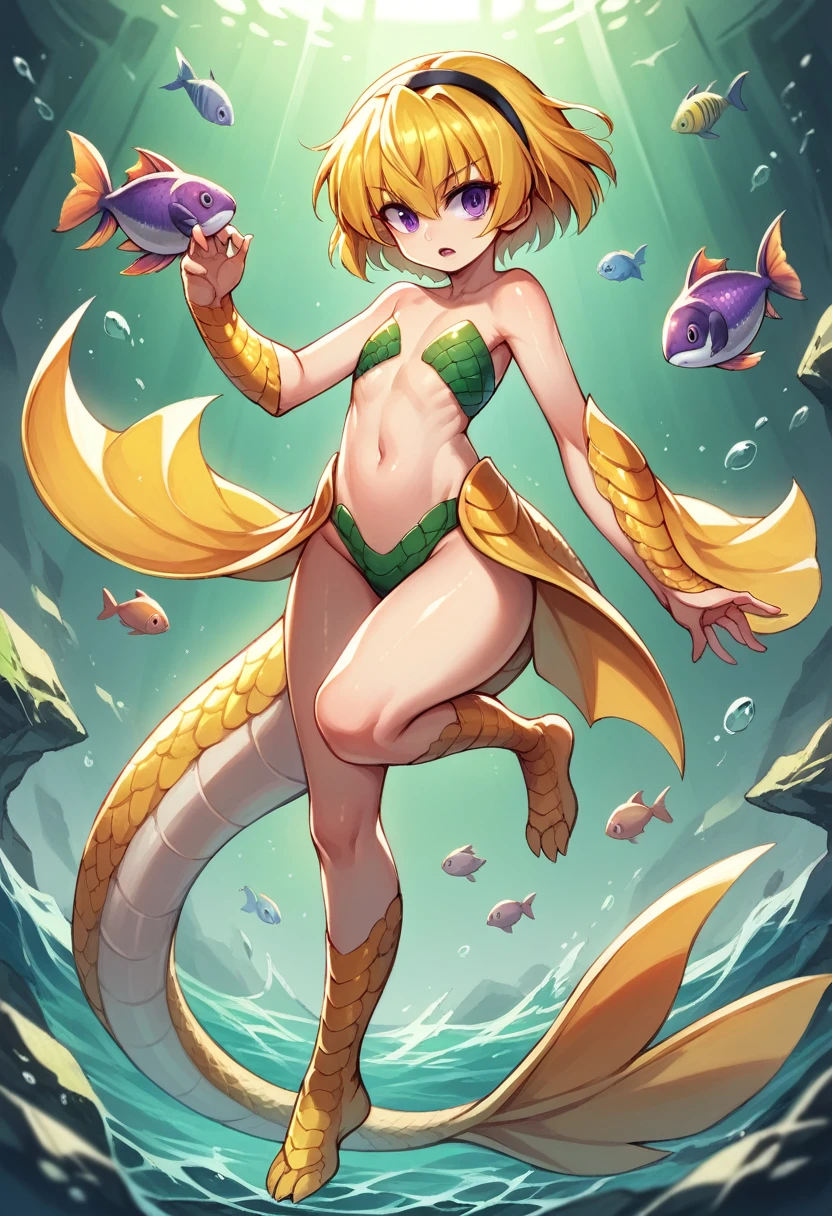 (Siren), (houjou_Satoko), sirnwobrd, 1 female, alone, Yellow Hair, blonde, Purple eyes, short hair, (hair band), Flat Chest, , Shallow rocky area, Shiny skin like fish scales, wing, wing, emerald green water, full body