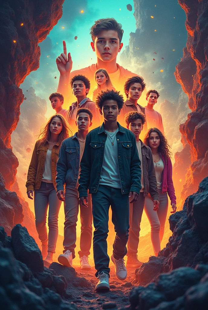 Intensely the film, a captivating poster. The composition exudes cinematic lighting and color gradation. The Bible is open, in an environment with teenagers watching.